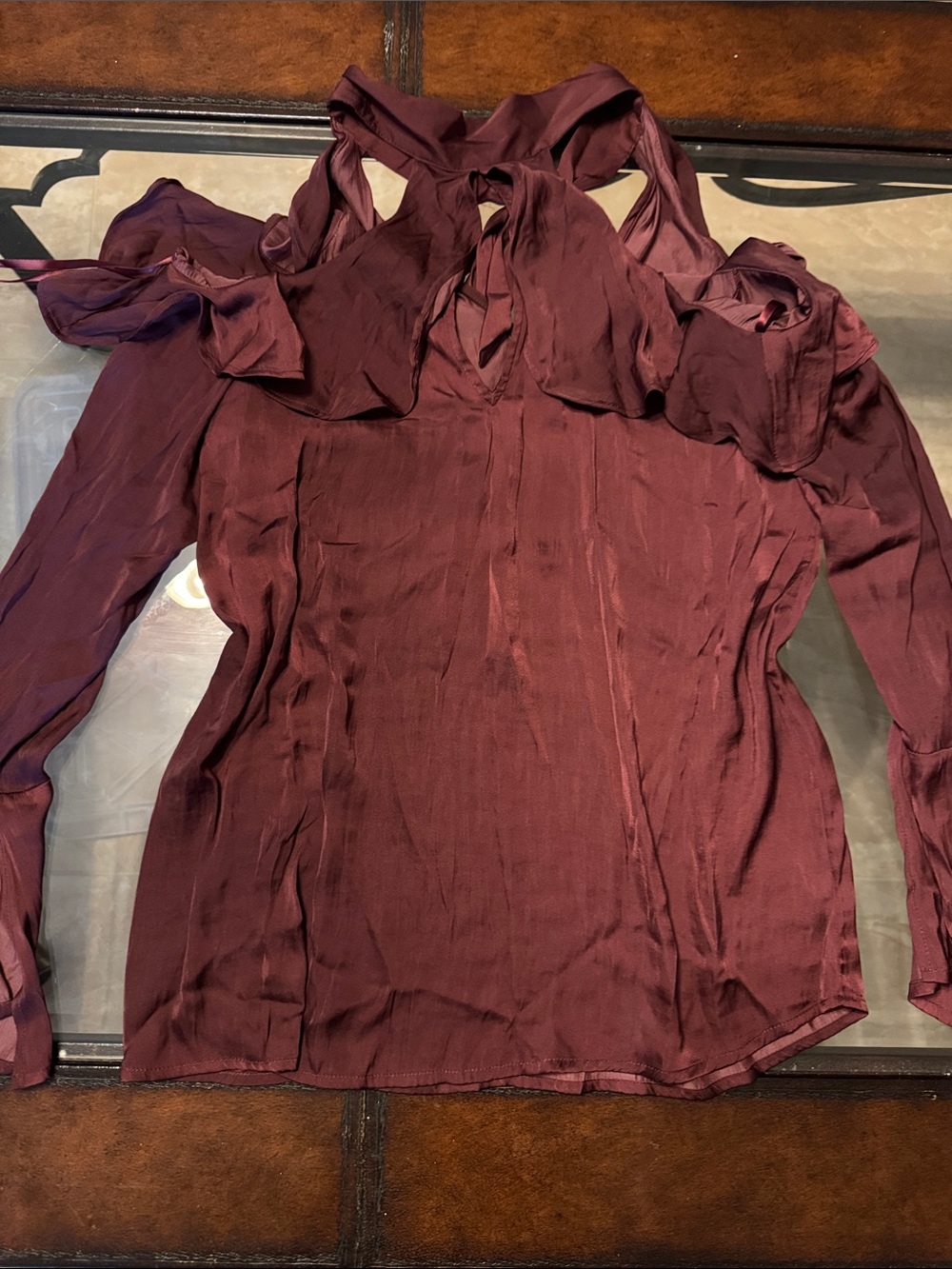 belle sky Wine Cold-Shoulder Tie-Neck Blouse